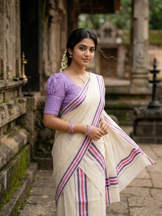 Southloom Pure Cotton Kerala Single Mulloth Set Mundu (Mundum Neriyathum) Violet And Pink Border in 2.80 mtrs SL243