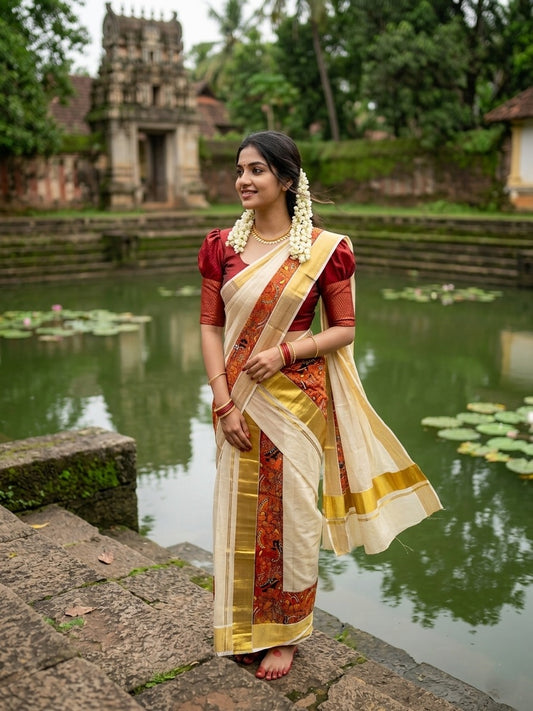 Southloom Tissue Single Set Mundu (Mundu Neriyathum) With Mural Digital Print in 2.80 Mtrs