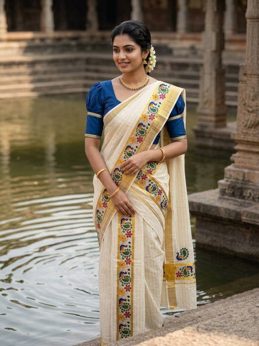 Southloom Cotton Lines Single Set Mundu (Mundu Neriyathum)Peacock Digital Print With Gold Border Kasavu in 2.80 Mtrs