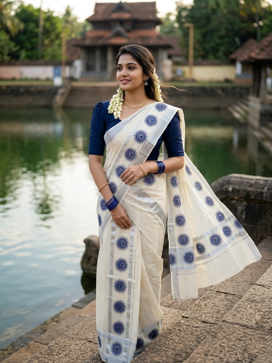 Southloom Cotton Single Set Mundu (Mundu Neriyathum) With Digital Print And Silver Border Kasavu in 2.80 Mtrs