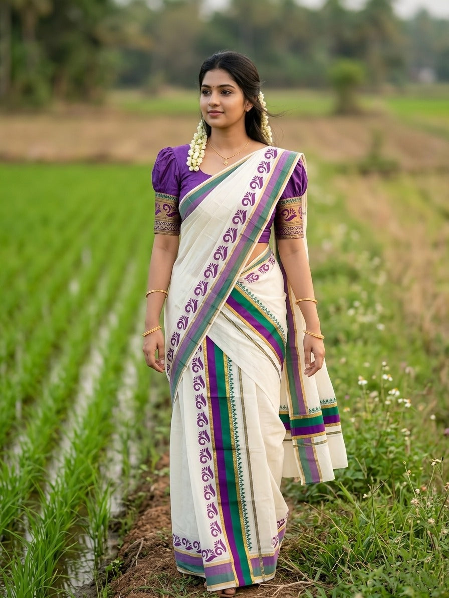 Southloom Cotton Single Set Mundu (Mundu Neriyathum) Digital Print With Green And Violet Border Kasavu in 2.80 Mtrs