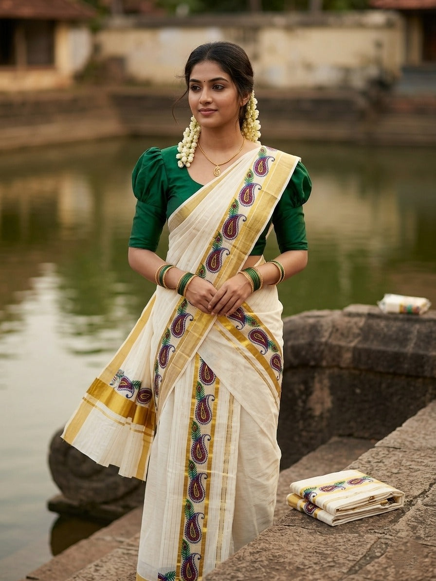 Southloom  Cotton Lines Single Set Mundu (Mundu Neriyathum) Floral Digital Print With Gold Border Kasavu in 2.80 Mtrs