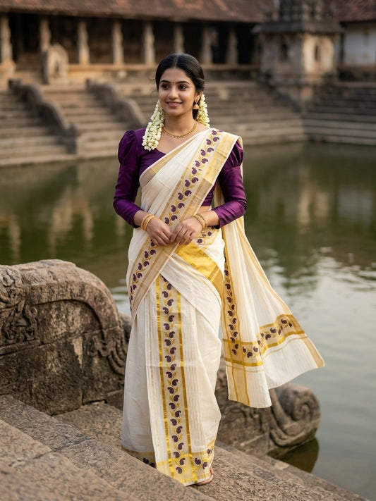 Southloom Cotton Lines Single Set Mundu (Mundu Neriyathum) With Embroidery Design Purple And Gold Border Kasavu in 2.80 Mtrs