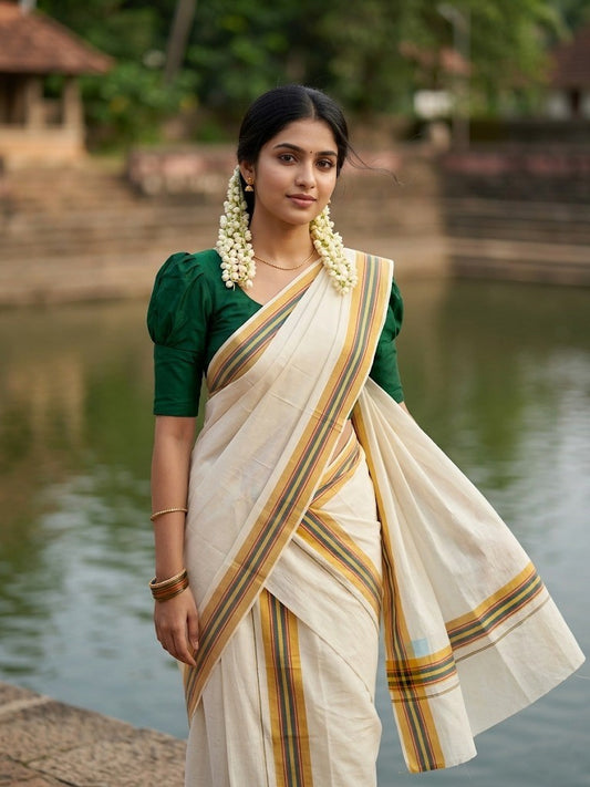 Southloom Pure Cotton Kerala Single Mulloth Set Mundu (Mundum Neriyathum) Mustard Yellow And Green Border in 2.80 mtrs SL243