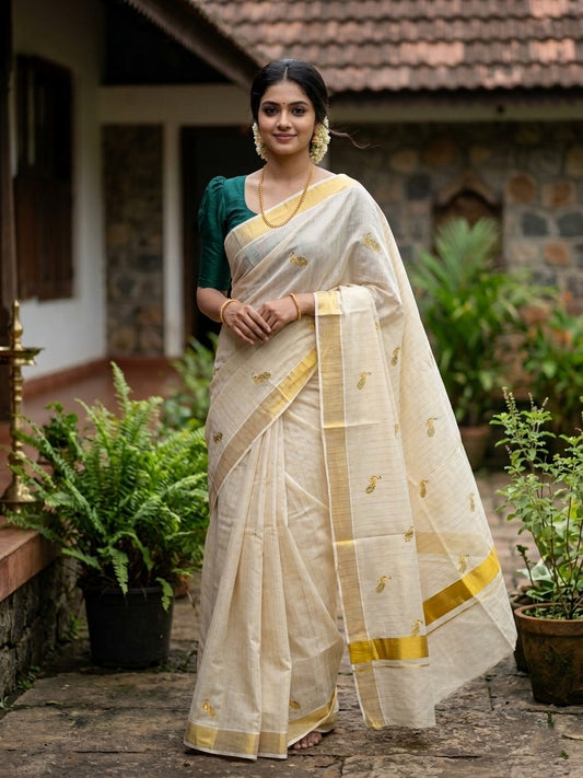 Southloom Tissue Kerala Kasavu Lines Saree with Peacock Embroidery Work on Body in Peacock Green
