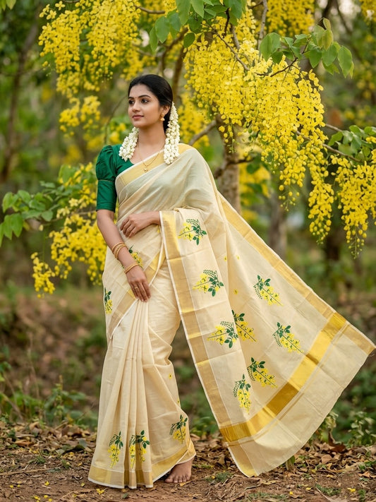 Southloom Tissue Kerala Kasavu Saree with Kanikonna Embroidery Work on Body