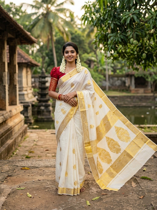 Southloom Cotton Kerala Kasavu Saree with Leaf and Peacock Woven Work on Body and Borders