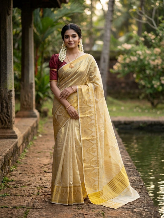 Southloom Tissue Kerala Kasavu Saree with Floral Woven Work on Body and Temple Border with Peacock Design