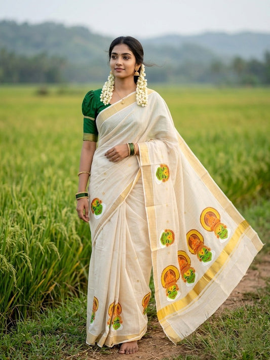 Southloom Tissue Kerala Kasavu Lines Saree with Kathakali Embroidery Design