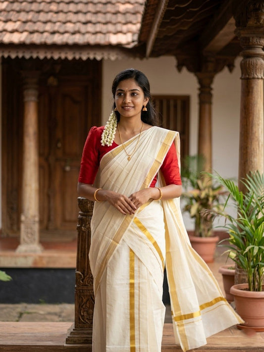 Southloom Pure Cotton Kerala Single Set Mundu (Mundum Neriyathum) with 1 inch Border