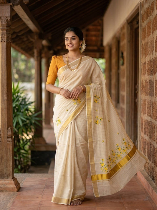 Southloom Tissue Kerala Kasavu Lines Saree with Floral Embroidery Design in Yellow