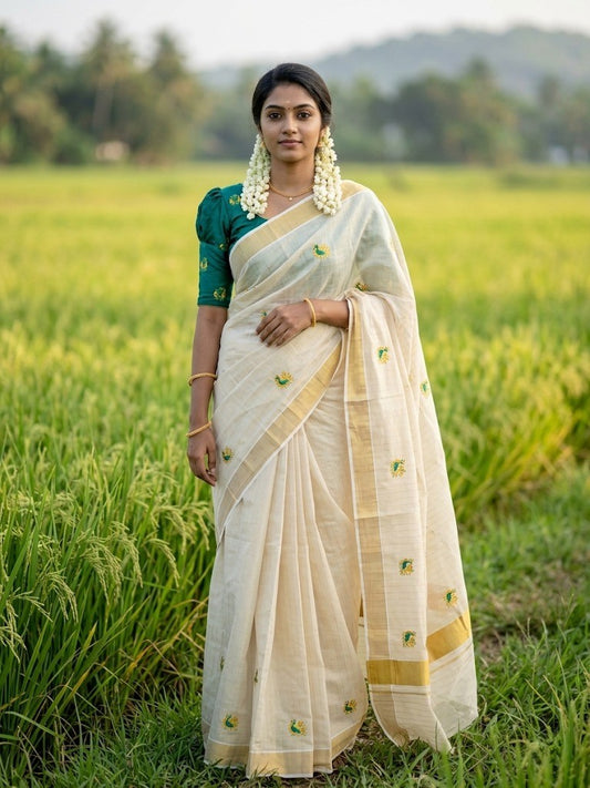Southloom Tissue Kerala Kasavu Lines Saree with Peacock Embroidery Work on Body in Peacock Green