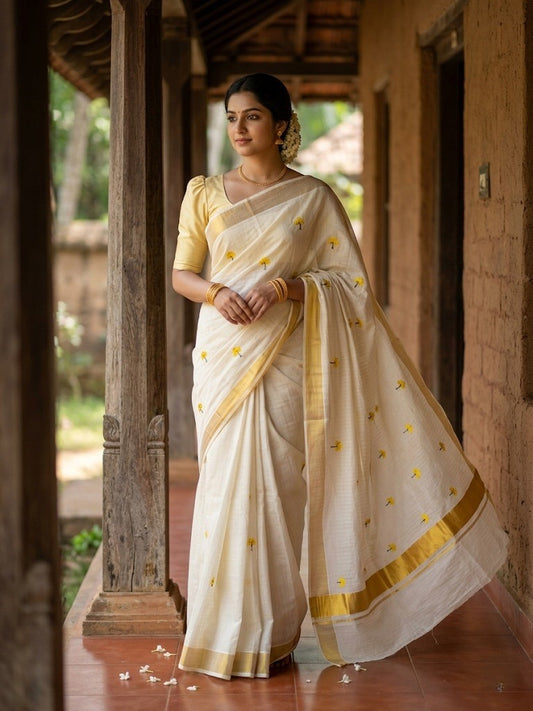 Southloom Cotton Kerala Kasavu Lines Saree with Yellow Floral Embroidery Work on Body