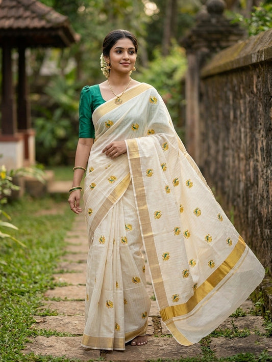 Southloom Cotton Kerala Kasavu Lines Saree with Peacock Embroidery Work on Body in Peacock Green