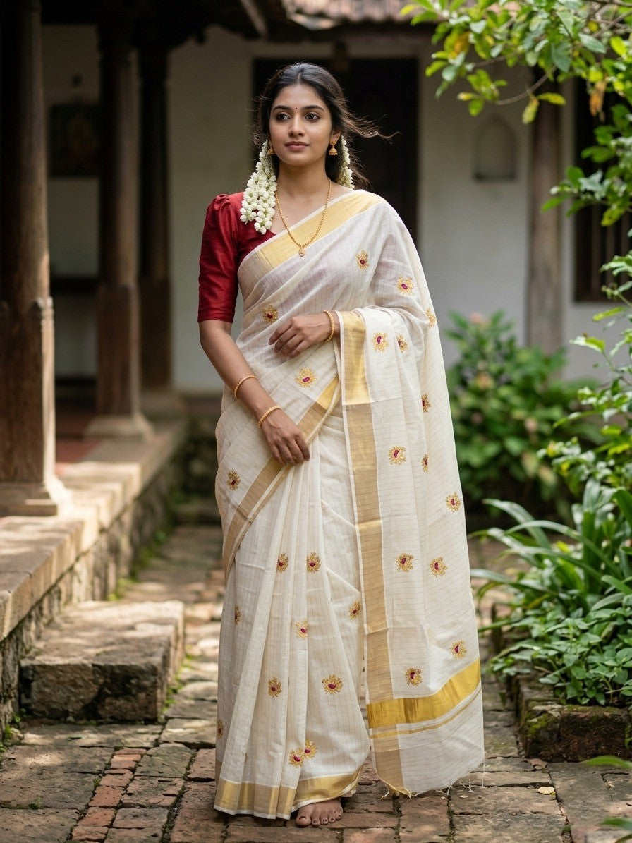 Southloom Cotton Kerala Kasavu Lines Saree with Peacock Embroidery Work on Body in Maroon