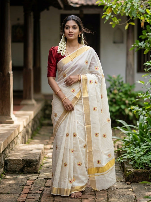 Southloom Cotton Kerala Kasavu Lines Saree with Peacock Embroidery Work on Body in Maroon