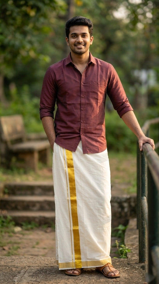 Southloom Kerala Pure Cotton Double Mundu with Gold Kasavu and Border (South Indian Dhoti)