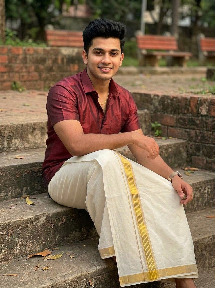 Southloom Kerala Pure Cotton Double Mundu with Gold Kasavu and Border (South Indian Dhoti)