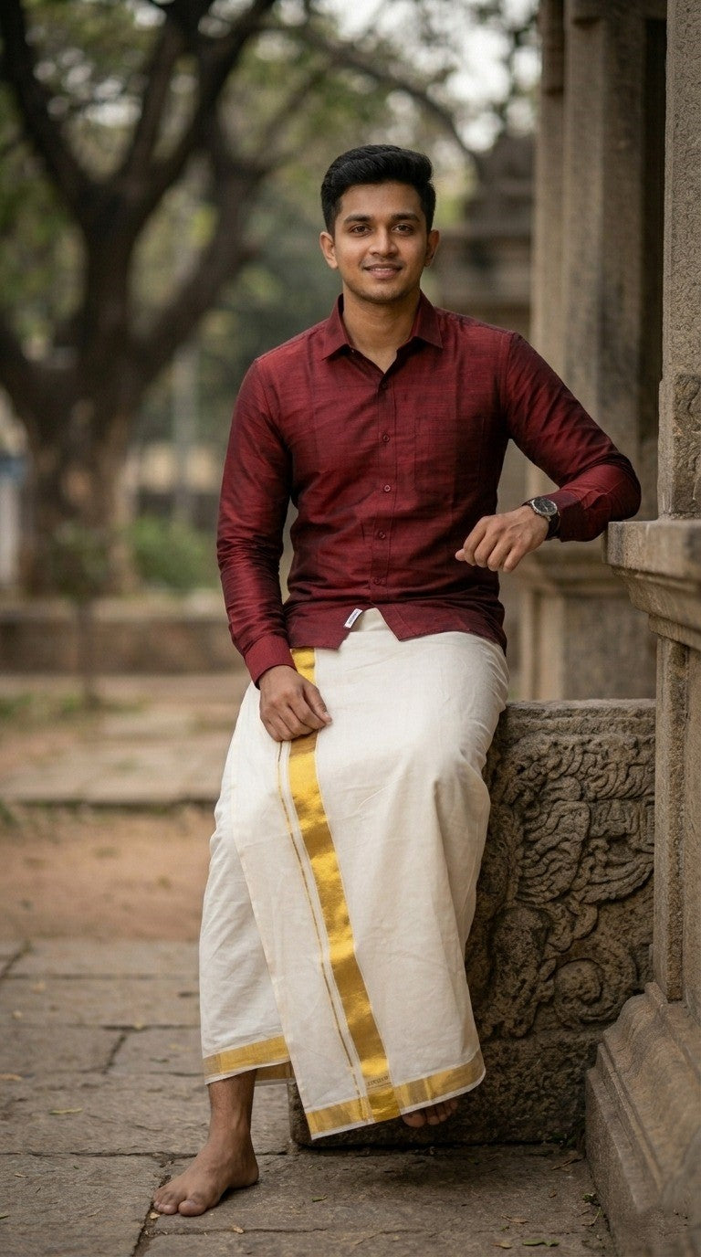 Southloom Kerala Pure Cotton Double Mundu In 2 Inch with Gold Kasavu and Border (South Indian Dhoti)