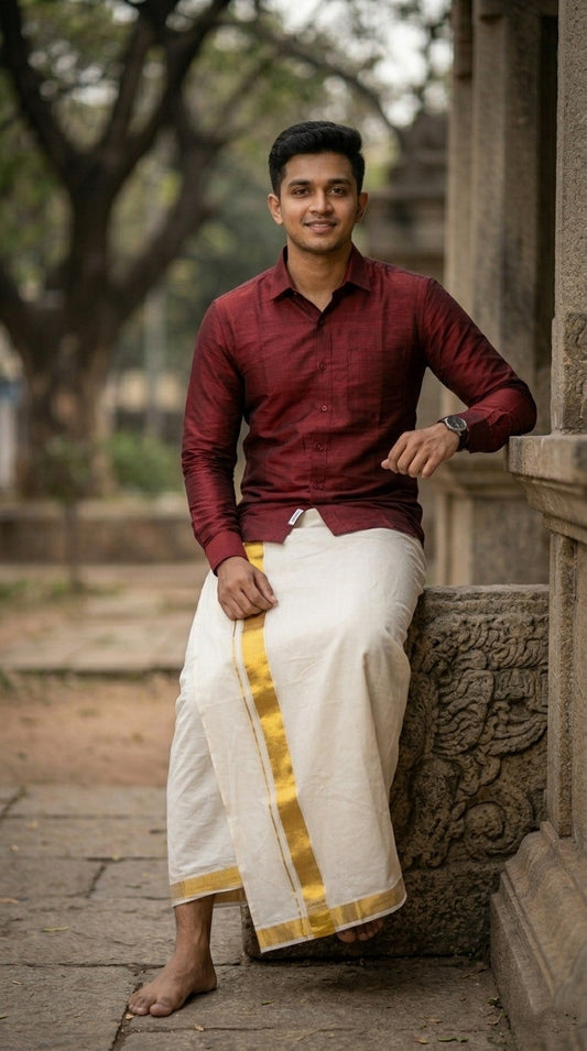 Southloom Kerala Pure Cotton Double Mundu In 2 Inch with Gold Kasavu and Border (South Indian Dhoti)