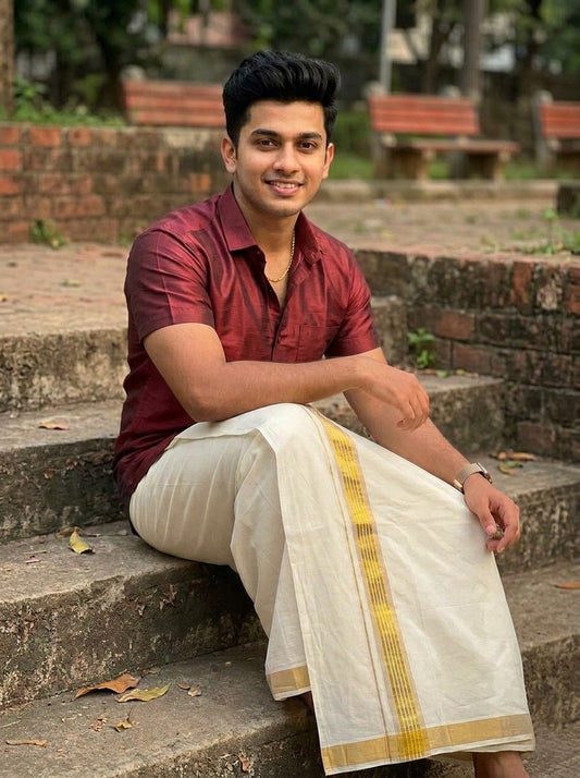 Southloom Kerala Pure Cotton Double Mundu with Gold Kasavu and Border (South Indian Dhoti)