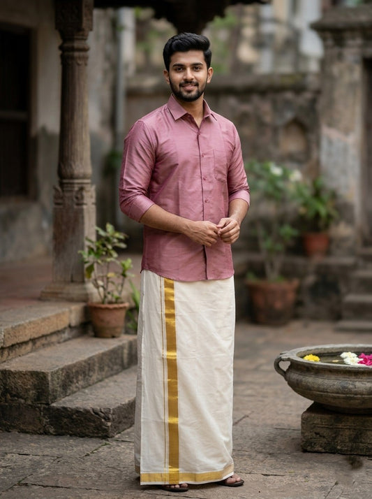 Southloom Kerala Pure Cotton Double Mundu with Gold Kasavu and Border (South Indian Dhoti)