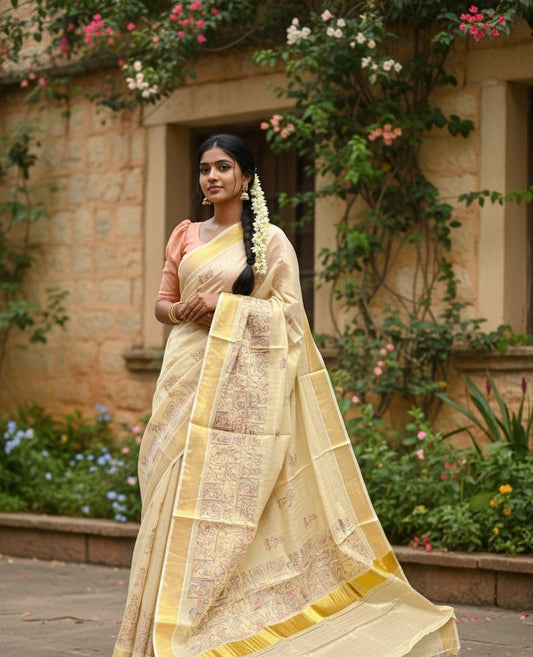 Southloom Tissue Kerala Kasavu Lines Saree with Kantha Embroidery Work on Body SL322
