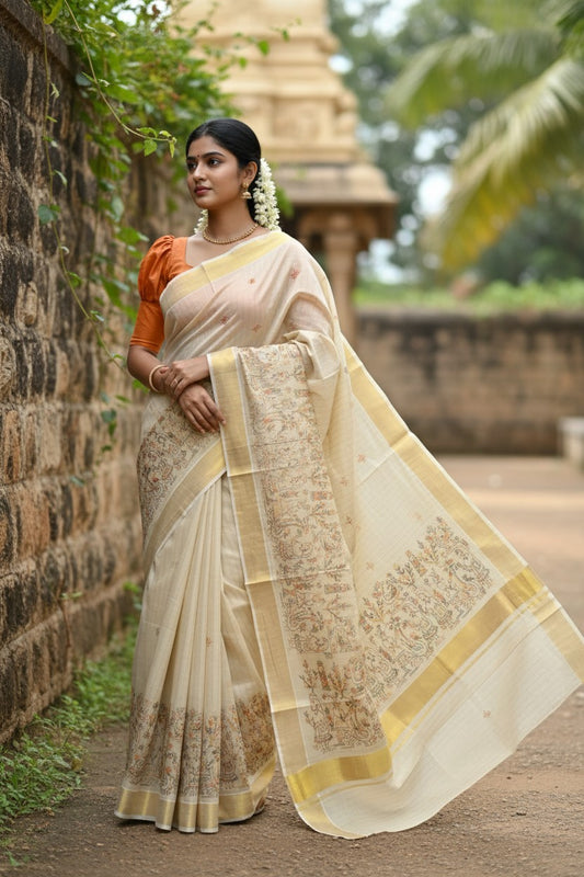 Southloom Tissue Kerala Kasavu Lines Saree with Kantha Embroidery Work on Body SL322