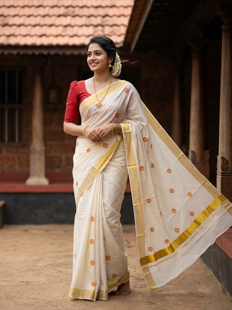 Southloom Cotton Kerala Kasavu Stripes Saree with Floral Embroidery Design in Red