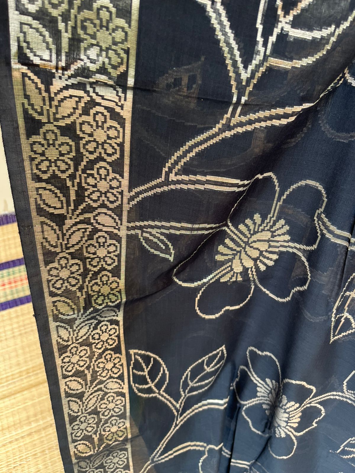 Black Banarasi Cotton Silk Saree with Floral Woven Works SL279