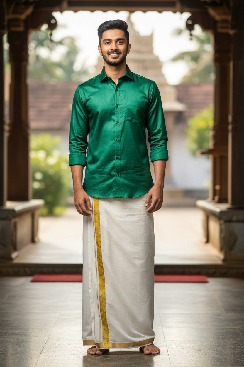 Southloom Kerala Pure Cotton Double Mundu with Kasavu Yellow And Kanikonna Print (South Indian Kerala Dhoti) SL288
