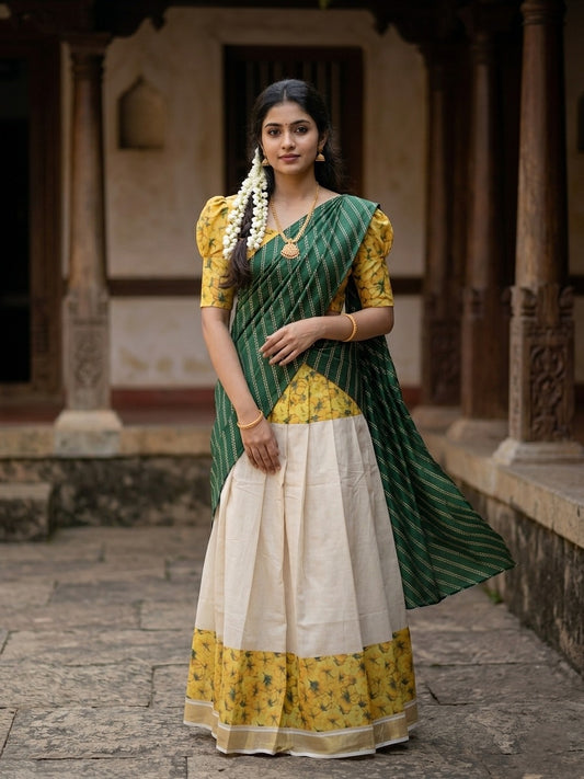 Southloom Semi Stitched Dhavani Set with Pavada and Green Blouse Piece With Kanikonna Print SL290