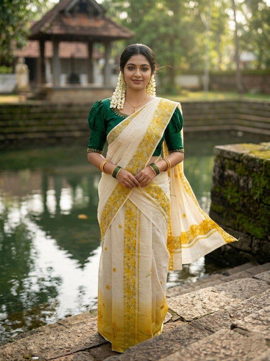 Southloom Pure Tissue Kerala Single Set Mundu (Mundum Neriyathum) with Kanikonna Print 2.80 Mtrs SL285