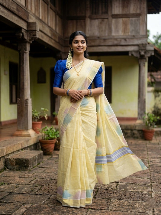 Southloom Kerala Tissue Kasavu Saree with Blue and Cream Pochampally Design on Borders and Kara