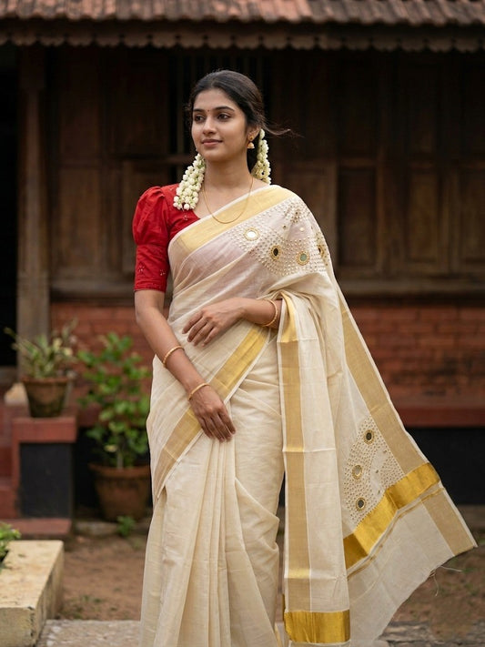 Southloom Tissue Kerala Kasavu Saree with Mirror & Beads Works SL344