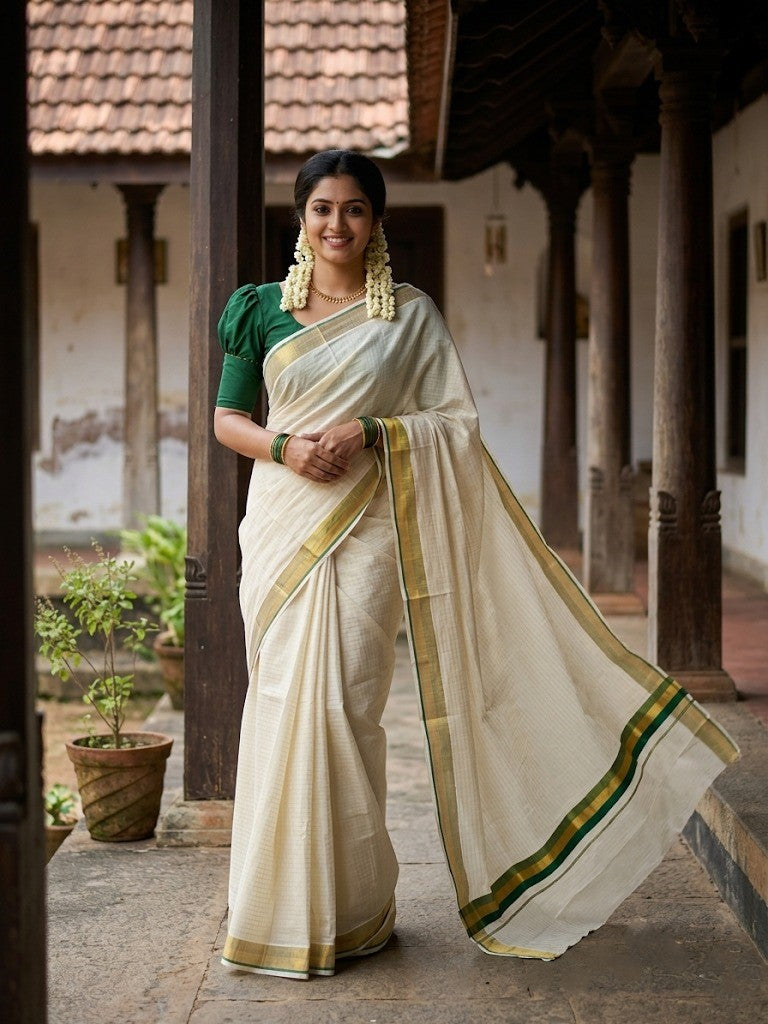Southloom Pure Cotton Kerala Kasavu Lines Saree with Green and Kasavu Border