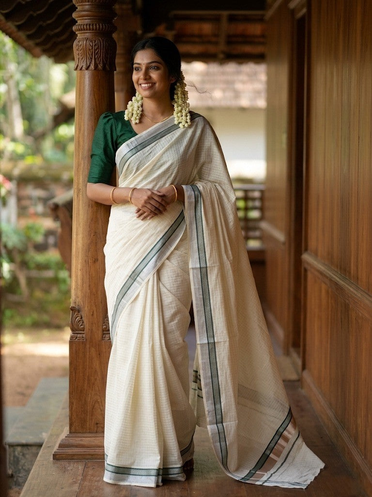 Southloom Pure Cotton Kerala Silver Kasavu Lines Saree with Green and Silver Border