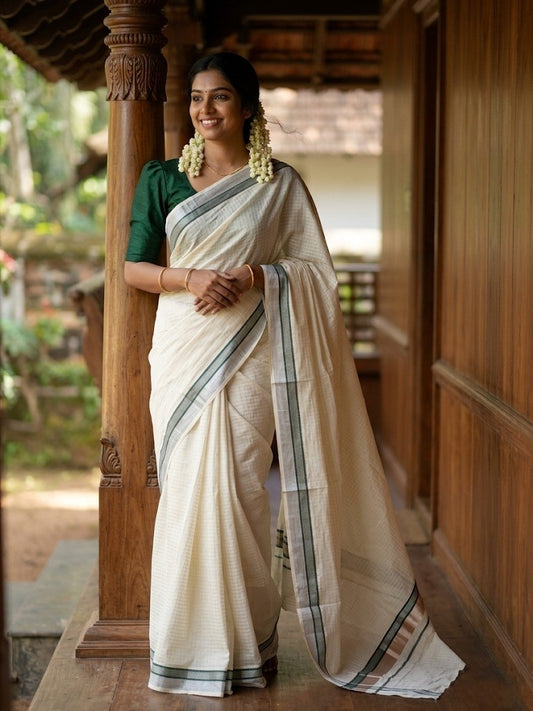 Southloom Pure Cotton Kerala Silver Kasavu Lines Saree with Green and Silver Border