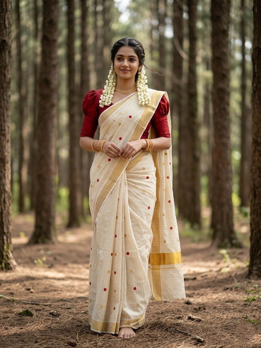 Southloom Kerala Tissue Kasavu Saree with Gold & Red Polka Embroidery Works on Body SL281