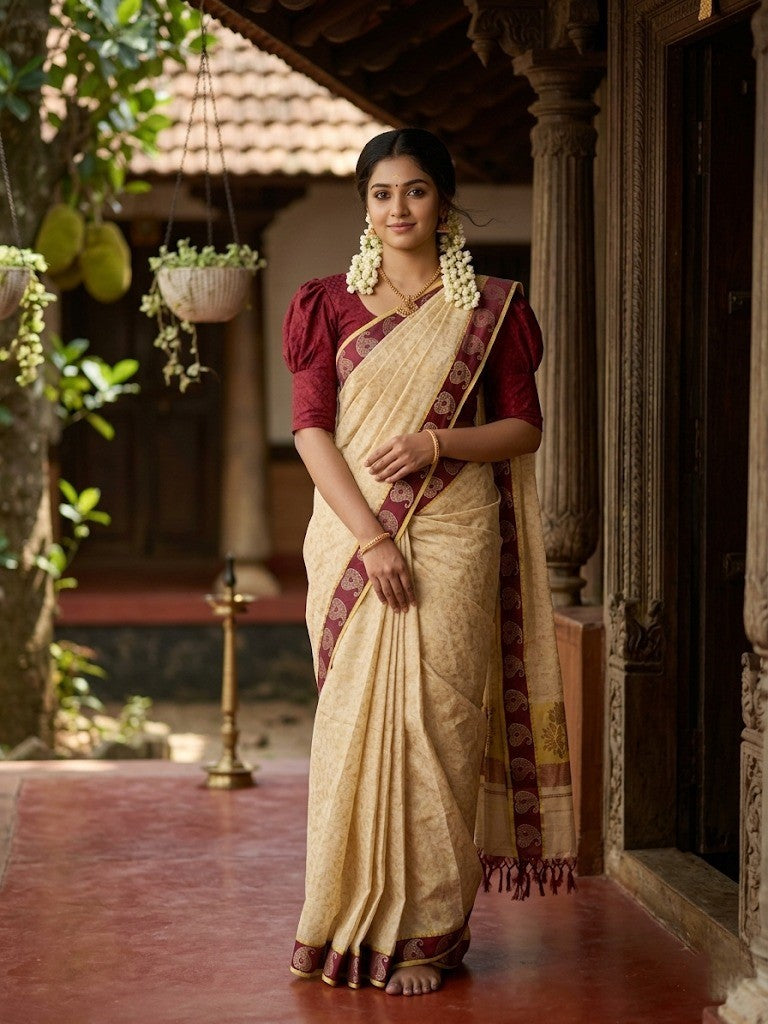 Southloom Kerala Tissue Kasavu Printed Saree with Maroon Floral Embroidery Works and Tassels
