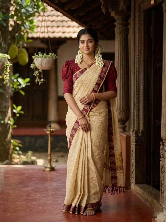 Southloom Kerala Tissue Kasavu Printed Saree with Maroon Floral Embroidery Works and Tassels