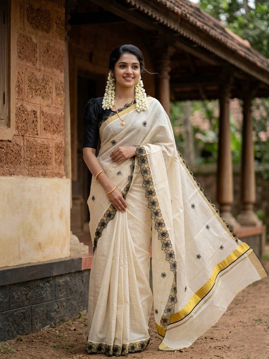 Southloom Kerala Tissue Kasavu Saree with Black Floral Embroidery on Body and Border