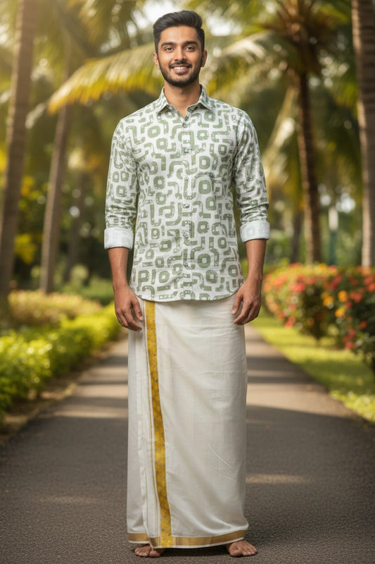 Pure Cotton Off White with Green Printed Shirt SLSHIRT 44 FS