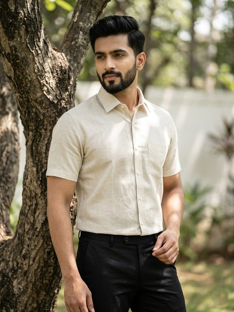 Pure Cotton Beige Plain Shirt SLSHIRT 48 HS