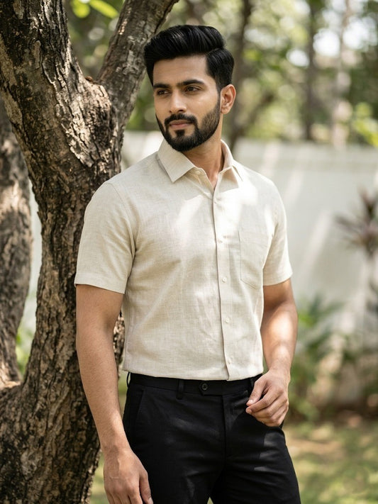 Pure Cotton Beige Plain Shirt SLSHIRT 48 HS