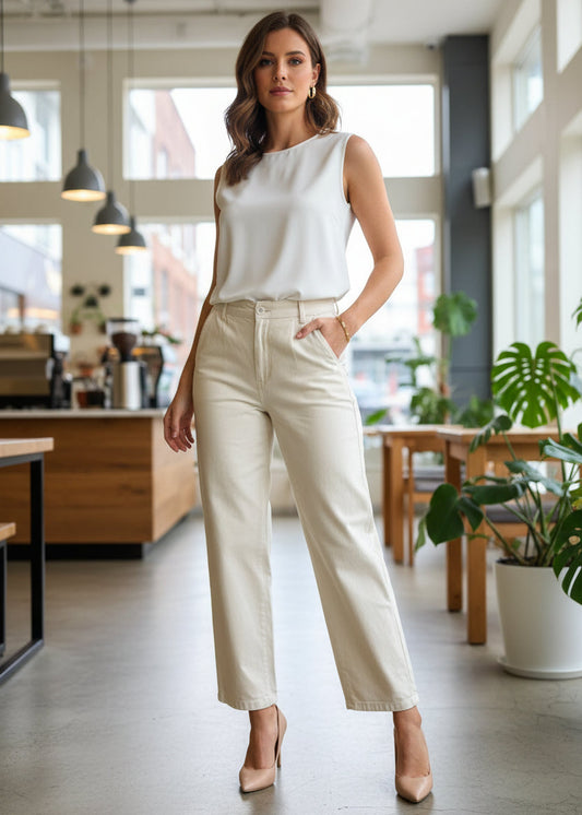 Straight Fit Off White Trousers For Women SL294