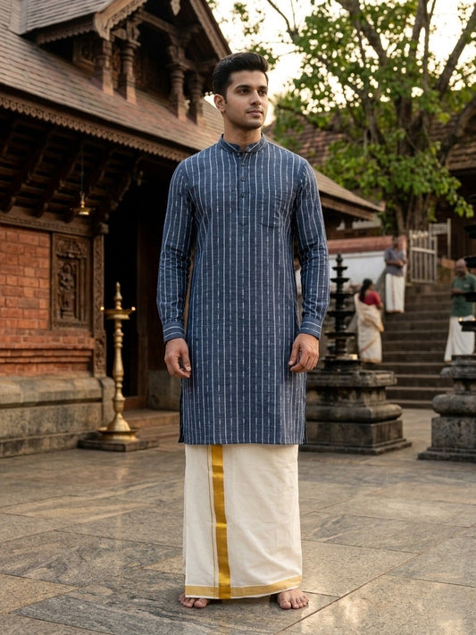 Southloom Blue Woven Patterns Semi Silk Short Kurta for Men