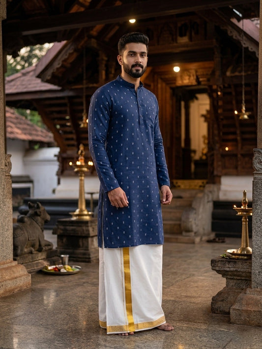 Southloom Blue Woven Patterns Semi Silk Short Kurta for Men