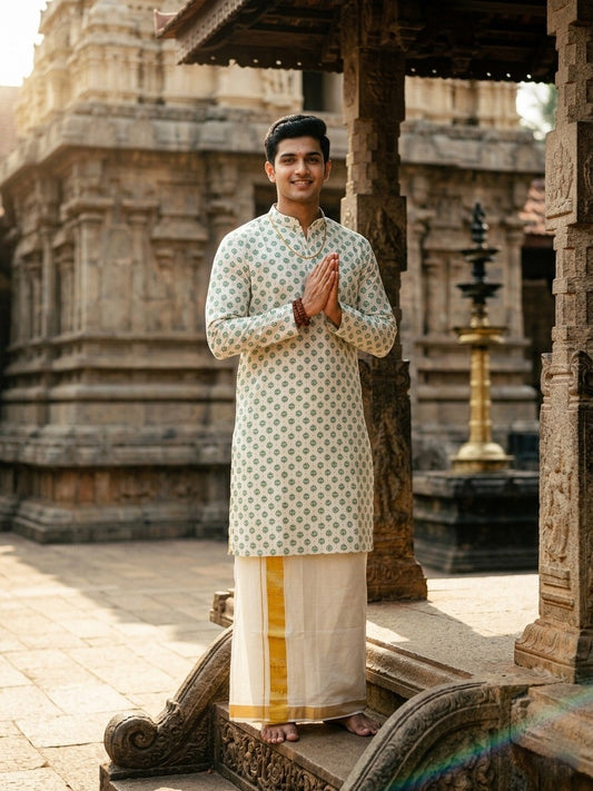 Southloom White Woven Patterns Semi Silk Short Kurta for Men