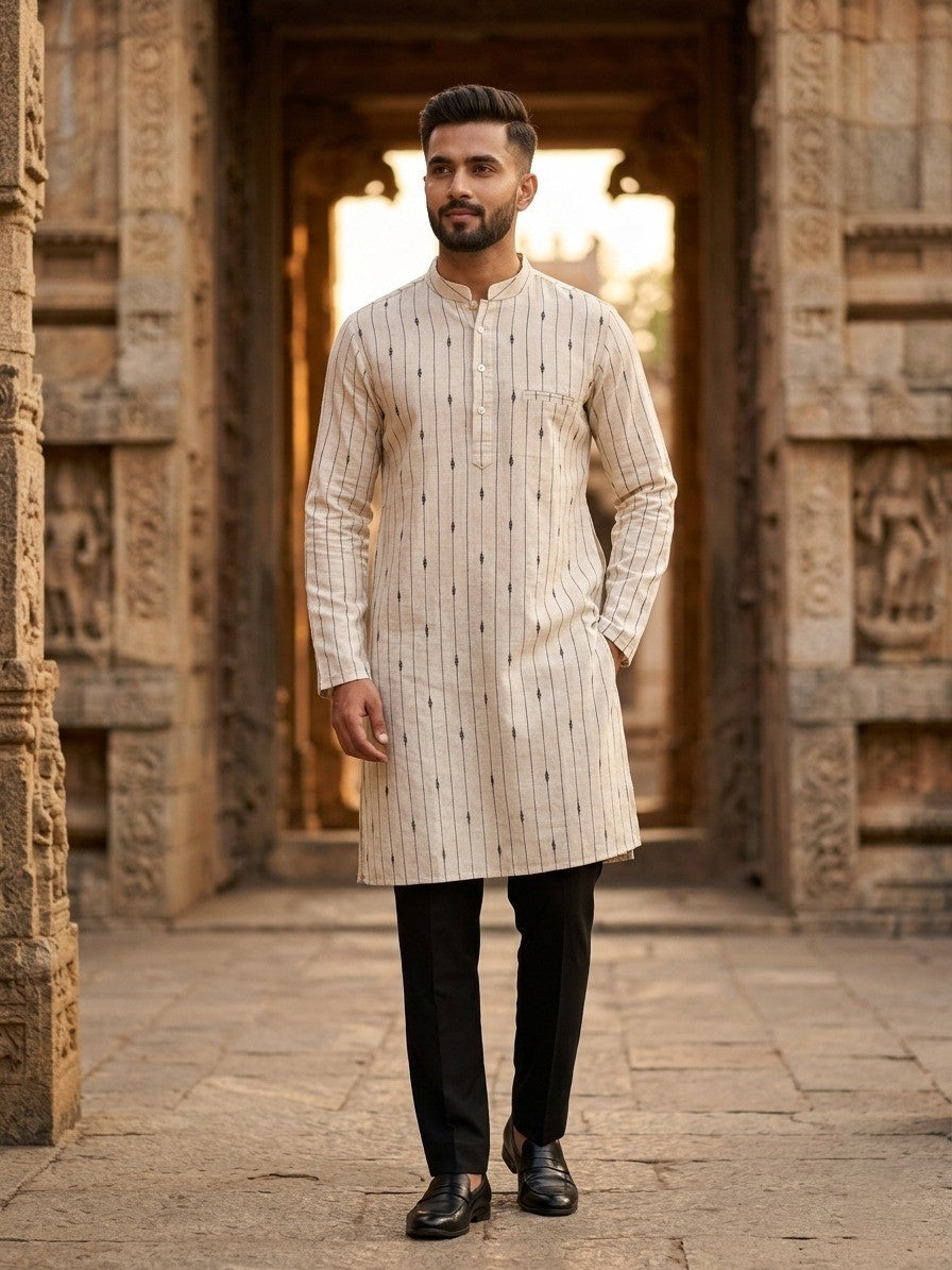 Southloom White Woven Patterns Semi Silk Short Kurta for Men